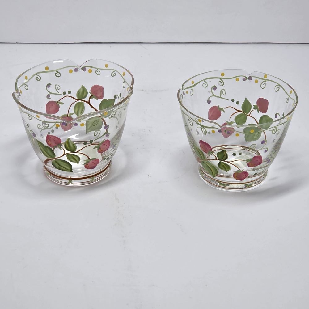 PartyLite Summer Strawberries Glass Votive Candle Holders Set of 2 Vintage 90s - Picture 7 of 7